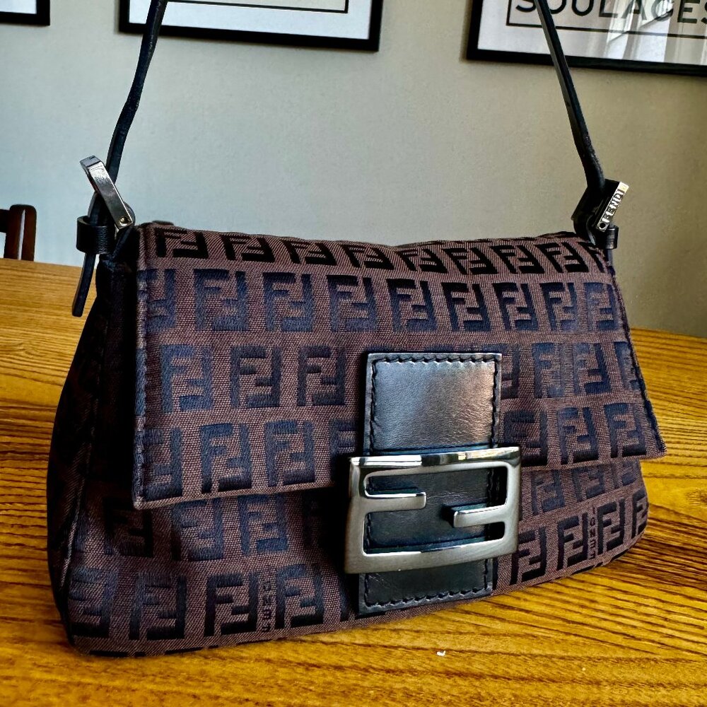 FENDI Mini Mamma Baguette Zucchino Canvas Leather Hand Bag
